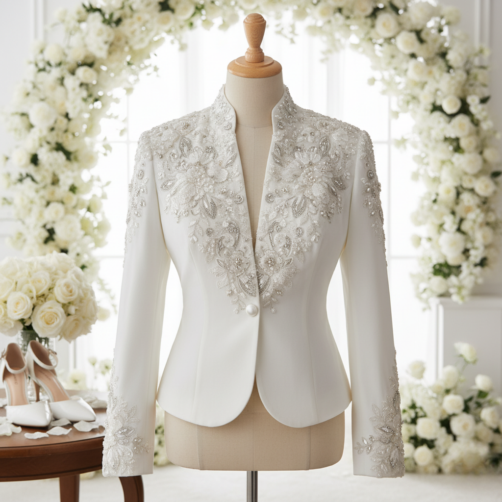 Premium Bridal Satin Jacket, Embroidered Beaded Wedding Bolero