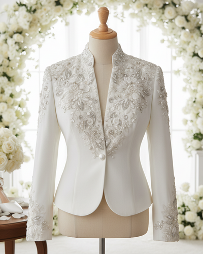 Embroidered Beaded Bridal Satin Jacket – Luxury Wedding Bolero | Noveira Moda