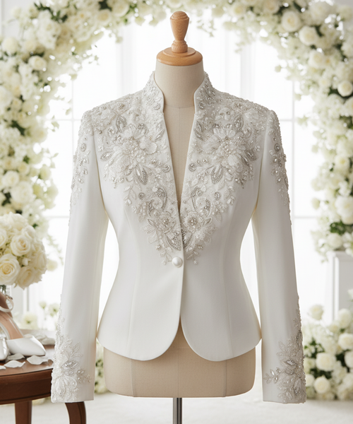 Embroidered Beaded Bridal Satin Jacket – Luxury Wedding Bolero | Noveira Moda