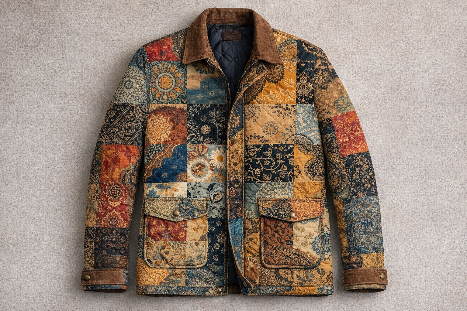 Men’s Vintage Patchwork Jacket – Boho Quilted Statement Coat | Artistic Retro Winter Outerwear | Noveira Moda