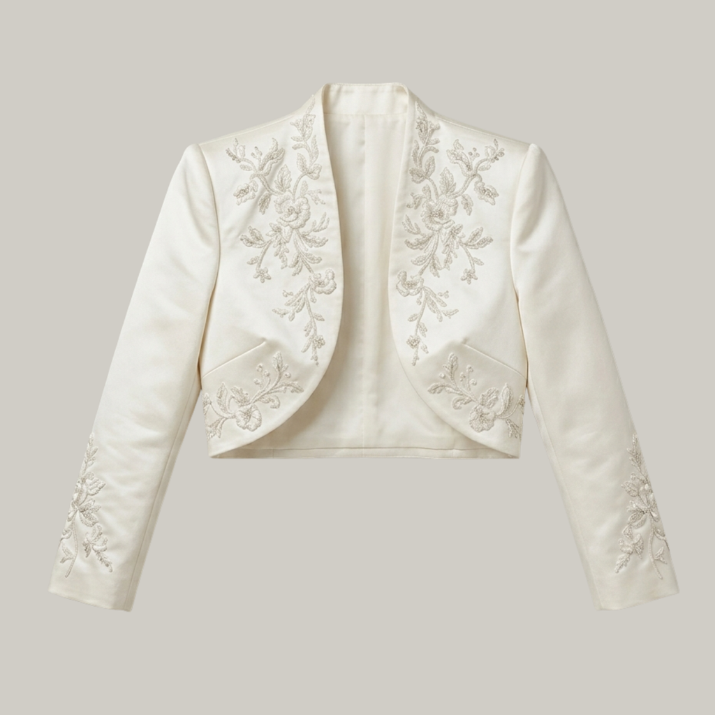 Luxury Ivory Embroidered Bridal Bolero Jacket – Elegant Wedding Jacket & Dress Topper for Bride