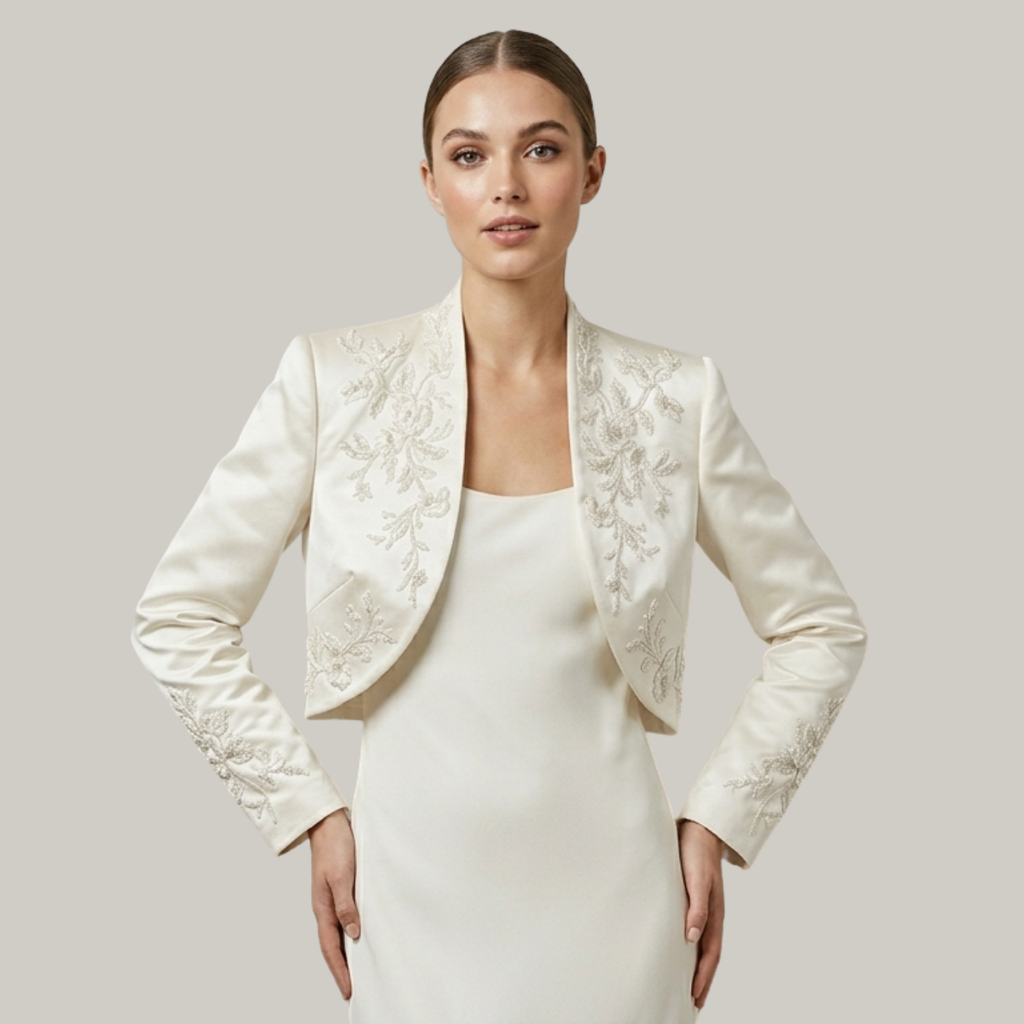 Luxury Ivory Embroidered Bridal Bolero Jacket – Elegant Wedding Jacket & Dress Topper for Bride