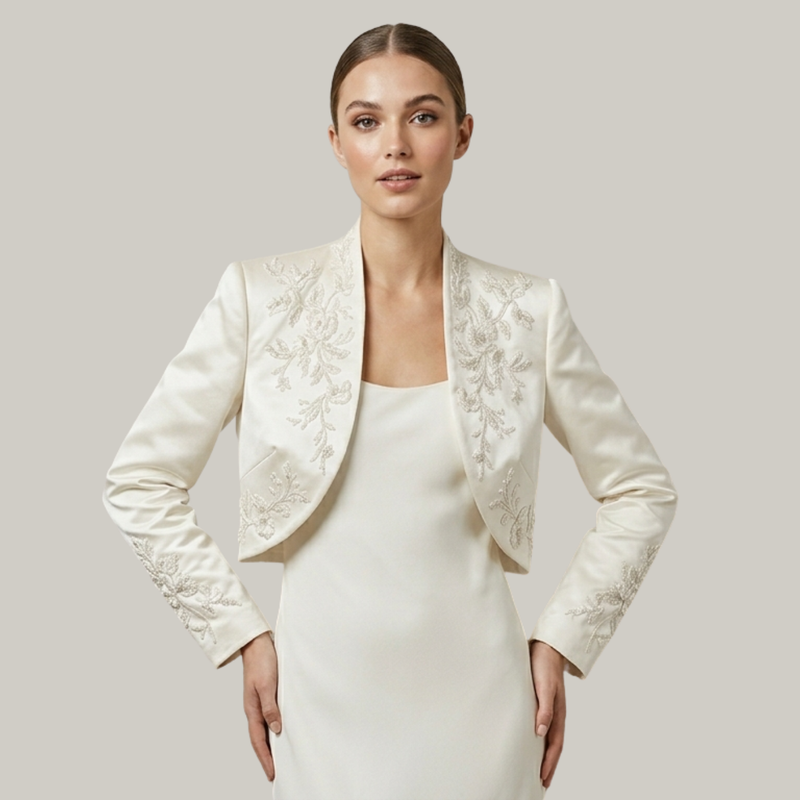 Luxury Ivory Embroidered Bridal Bolero Jacket – Elegant Wedding Jacket & Dress Topper for Bride