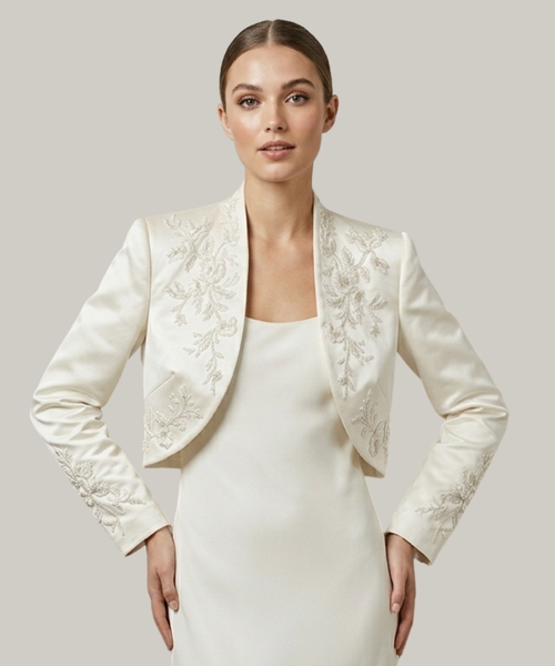 Ivory Embroidered Bridal Bolero Jacket – Wedding Dress Topper | Noveira Moda
