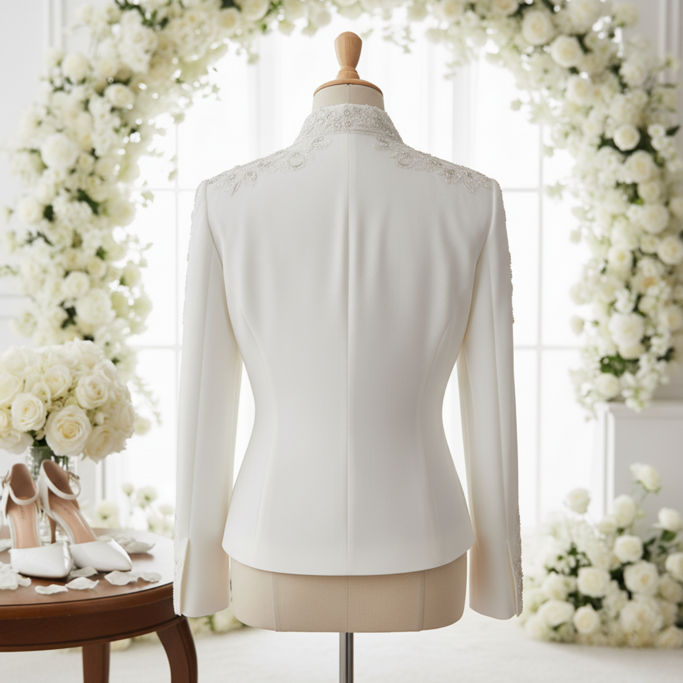 Premium Bridal Satin Jacket, Embroidered Beaded Wedding Bolero