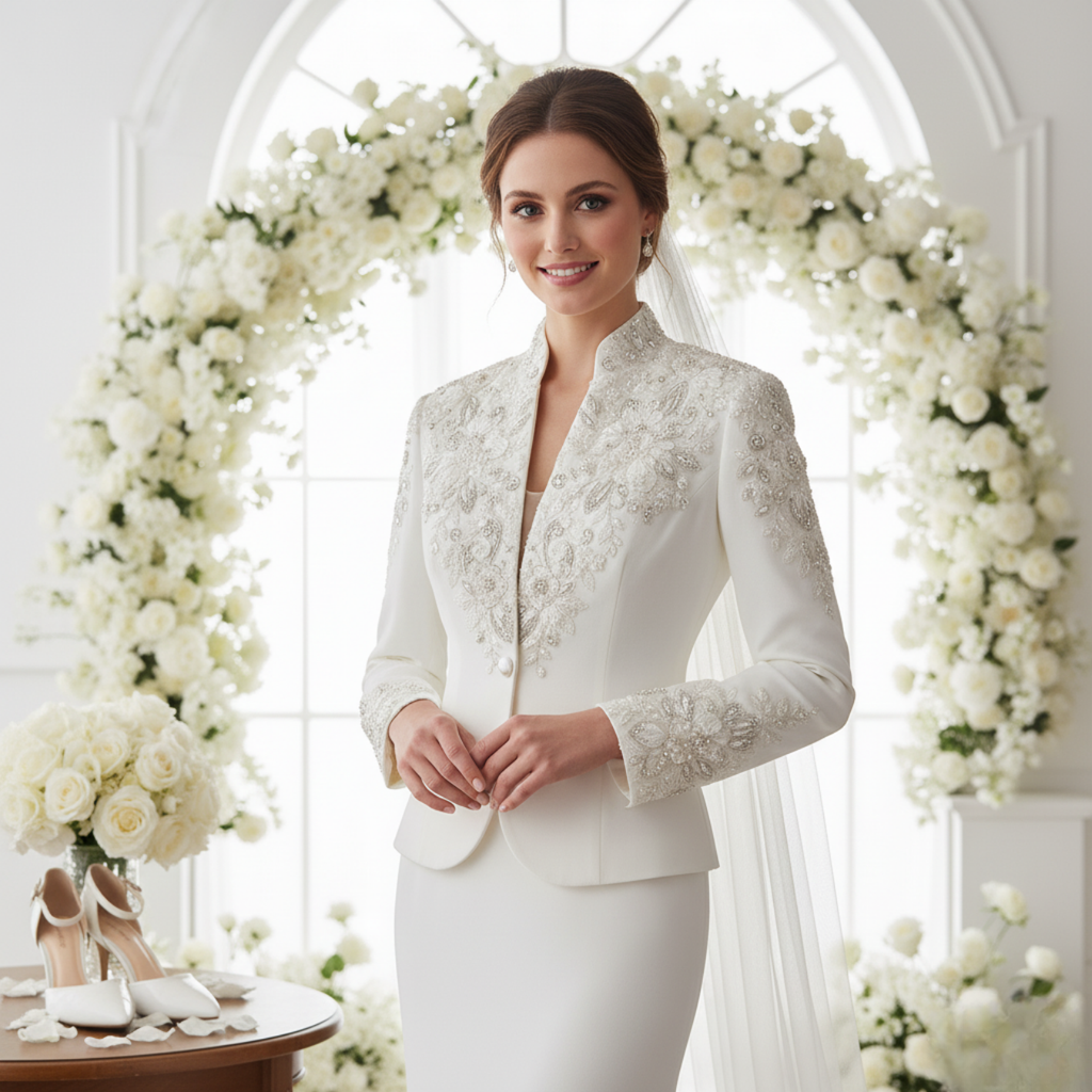 Premium Bridal Satin Jacket, Embroidered Beaded Wedding Bolero