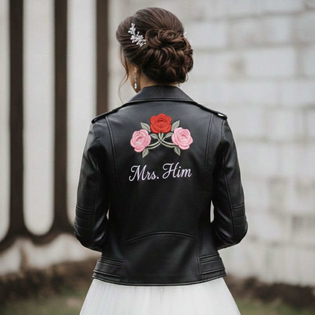 Bridal Leather Jacket- Custom Name & Floral Roses design