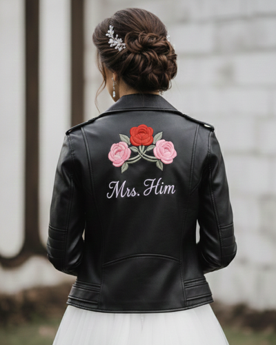 Bridal Leather Jacket with Custom Name & Floral Rose Embroidery | Noveira Moda