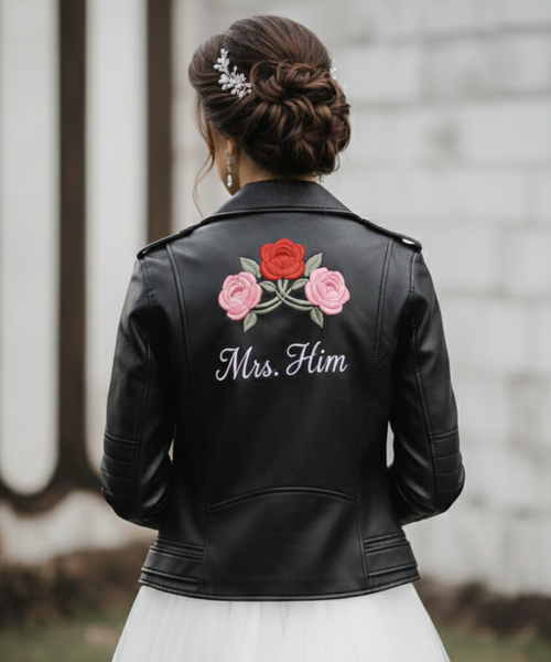 Bridal Leather Jacket with Custom Name & Floral Rose Embroidery | Noveira Moda