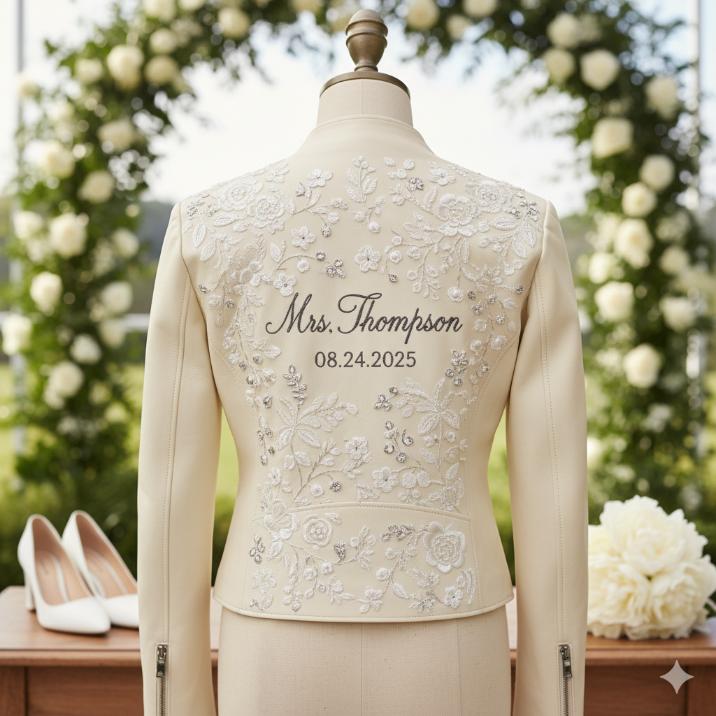 Bridal Leather Jacket, Custom Name, Embroidered Wedding Jacket, Mrs Design