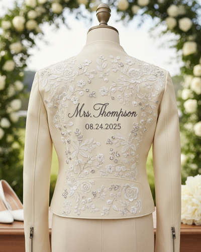 Eternal Bloom Custom Bridal Leather Jacket – Mrs Embroidery | Noveira Moda