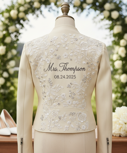 Eternal Bloom Custom Bridal Leather Jacket – Mrs Embroidery | Noveira Moda