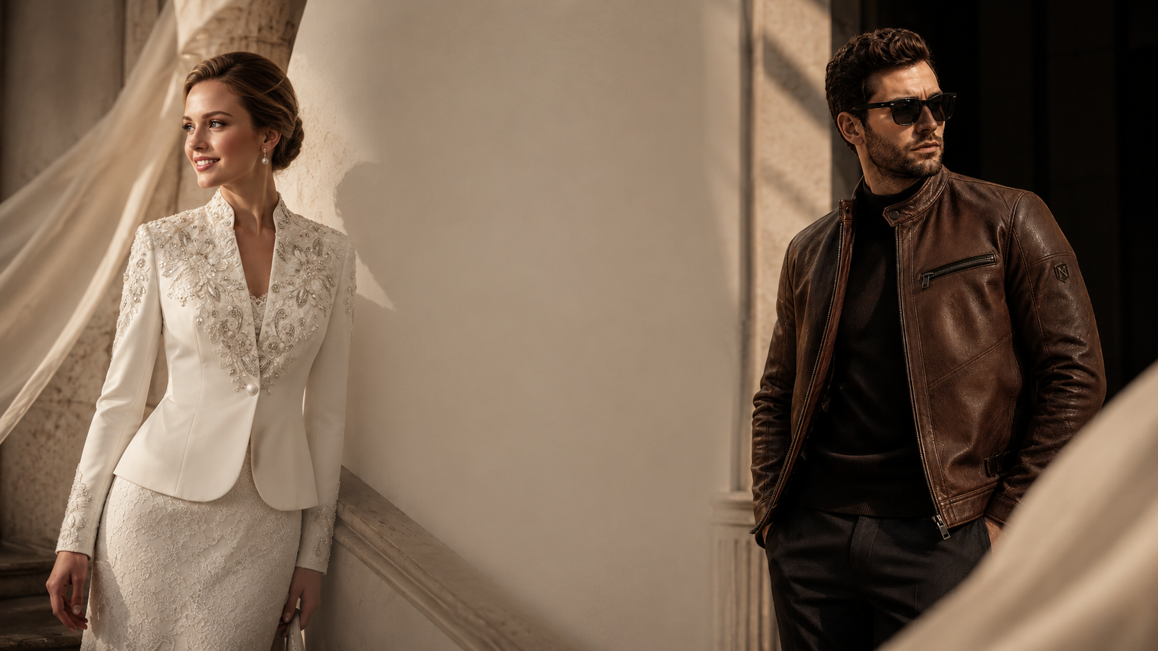 Woman in a white embroidered outfit and man in a brown leather jacket standing indoors.